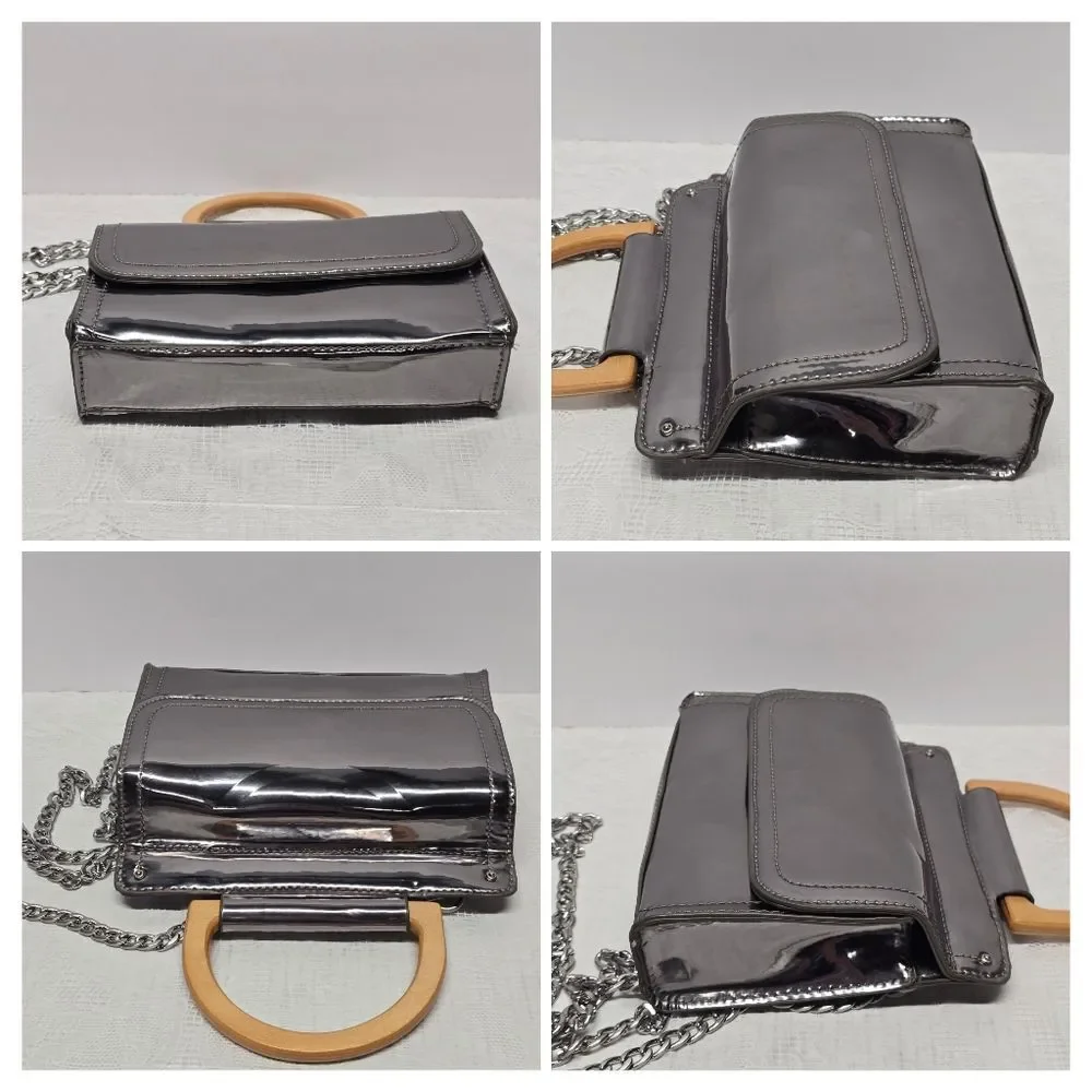 Abbie & Emmie Silver Faux Leather Wooden Handle Satchel With Shoulder Chain